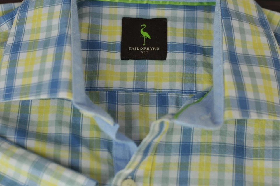 Camisa casual masculina xadrez azul amarela e branca de algodão Tailorbyrd GG grande alta - Imagem 2 de 3