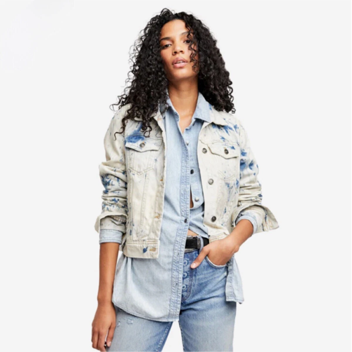 Free People Rumors Denim Jacket size S Jones Tie Dye Blue Pocket