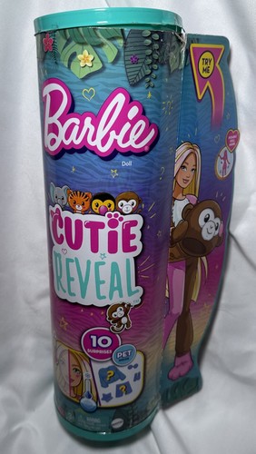 Barbie Cutie Reveal Jungle Series Doll & Mini Monkey Plush Costume 10 Surprises