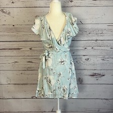 Free People Wrap Dress Womens Small Blue Floral Short V Neck Cap Sleeve