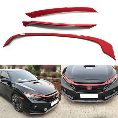 Front Grille Grill Cover Trim Sporty Red 3Pcs For Honda Civic 10th Gen Type-R