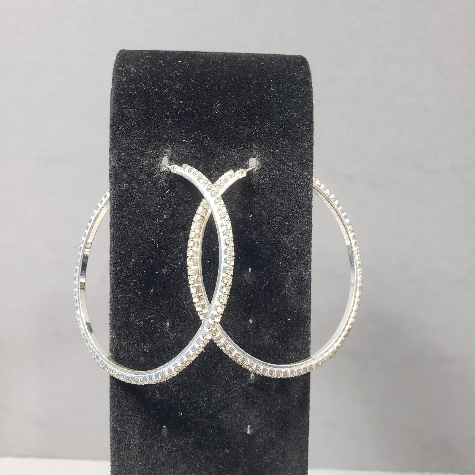 Hoop Earrings Silver Tone Rhinestones Mid Century Modernist Bohemian Pierced 2