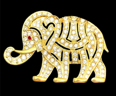 Vintage gold tone metal Elephant Brooch Pin Clear Rhinestones ROMAN signed
