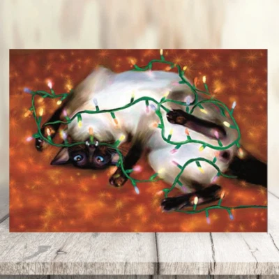 TOMCAT CARDS Humorous Siamese Cat Christmas Greeting Card by Denise Laurent Xmas 'Twinkle'