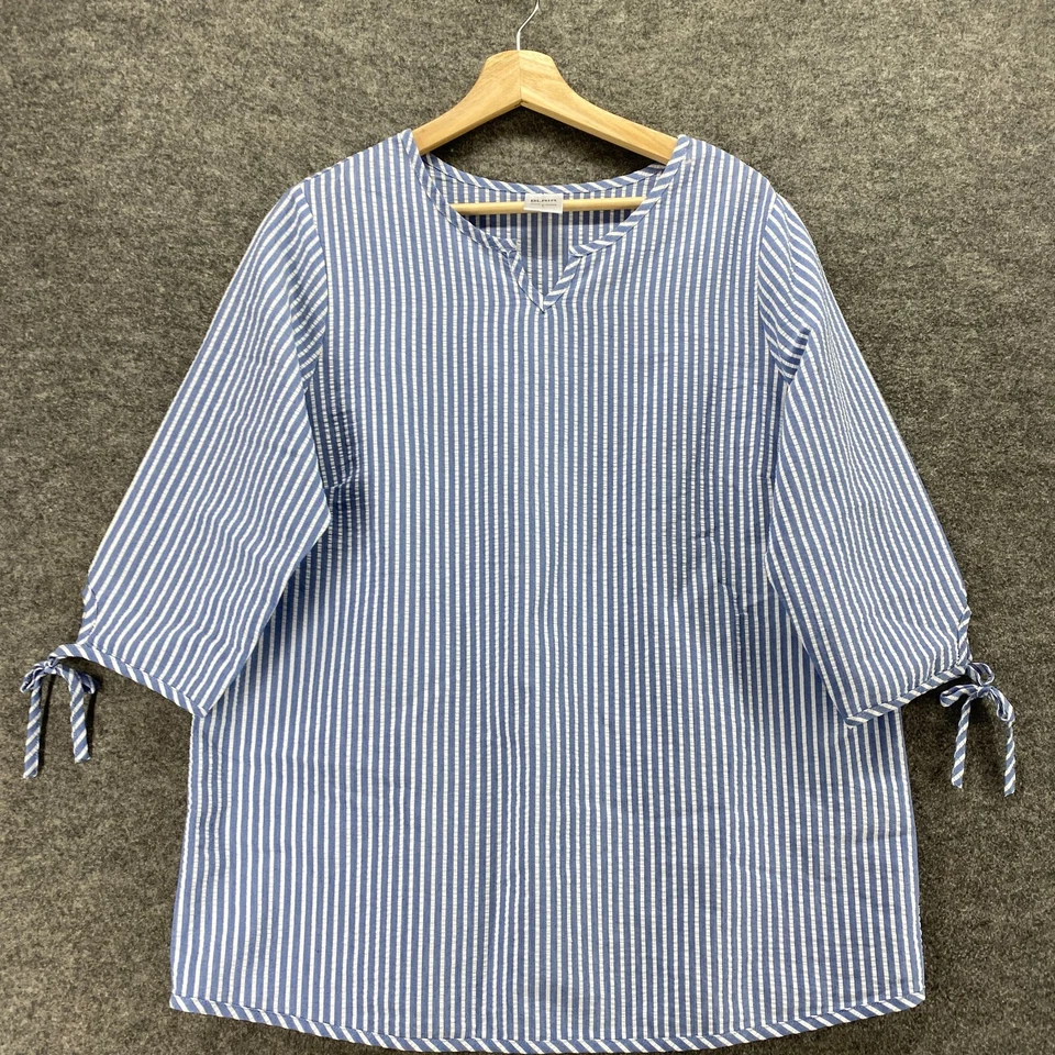 Blair 衬衫女式 L 大号蓝色条纹 V 领 3/4 袖棉质休闲套衫 — 第 3/4 张图片
