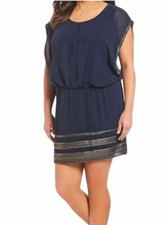 SLNY Fasion Silver Foil Blouson Dress Womens Evening Wear Navy Blue & Gold 20W