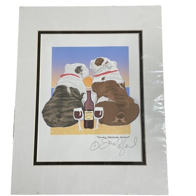 Original Watercolor Bulldogs and Wine Sara England Designs 11 in x 14 in