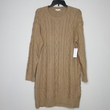 Riley & Rae Women's Long Sleeve Crew Neck Cable Knit Sweater Dress Camel M B60