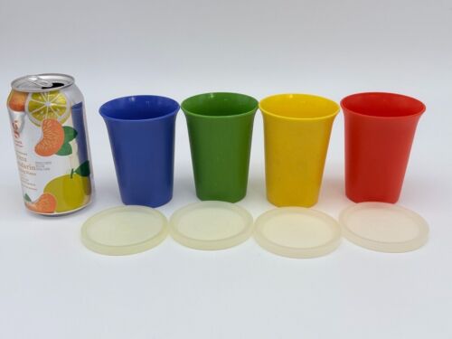 Set: 4 Vintage 6 Oz Tupperware Kids Bell Tumblers Cups #109 Primary Color w Lids - Picture 2 of 5