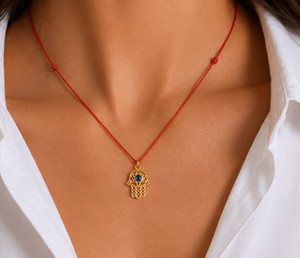 Authentic Gold Plated Sterling Silver 925 +CZ Hamsa Evil Eye Pendant Necklace on Red Cord