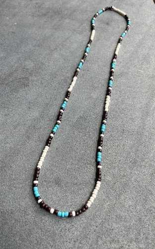 Native American - Tan, brown & aqua Handmade glass seed bead Necklace 29”