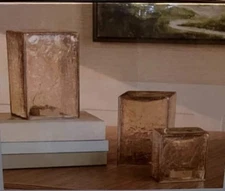 Evergreen LED Glass Cube Towers Set of 3 Hand-Blown Gold Crackle Finish NEW