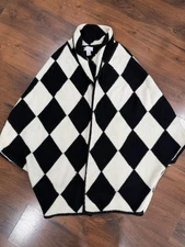 Spiegel women's Argyle black white cardigan poncho One Size Lambswool Angora