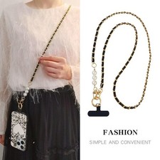 Trendy Long Pearl Chain Phone Lanyard, Leather Woven Crossbody Shoulder Strap