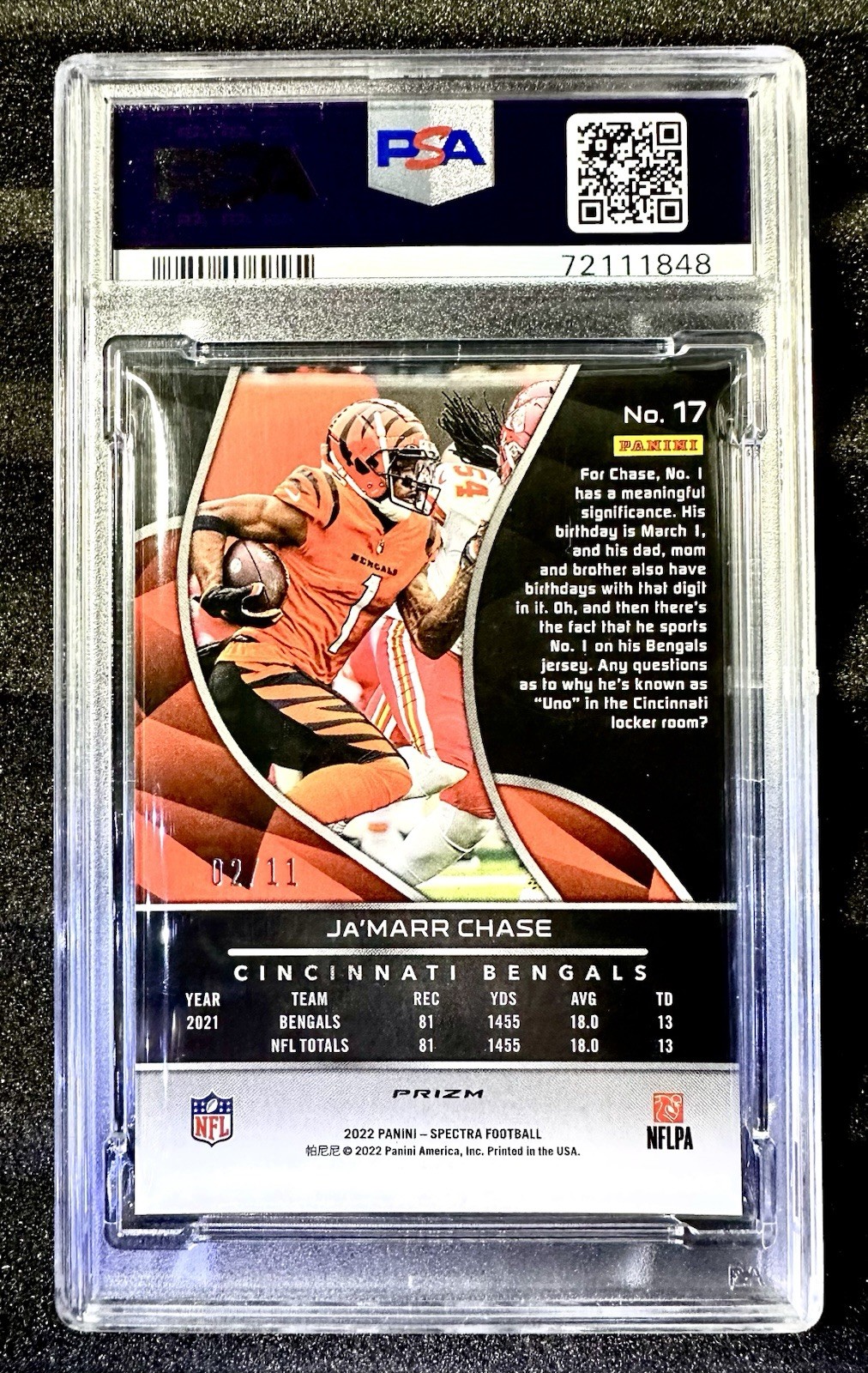 2022 Panini Spectra - Ja'Marr Chase #17 Wave /11 PSA MINT 9 None Higher! view 2