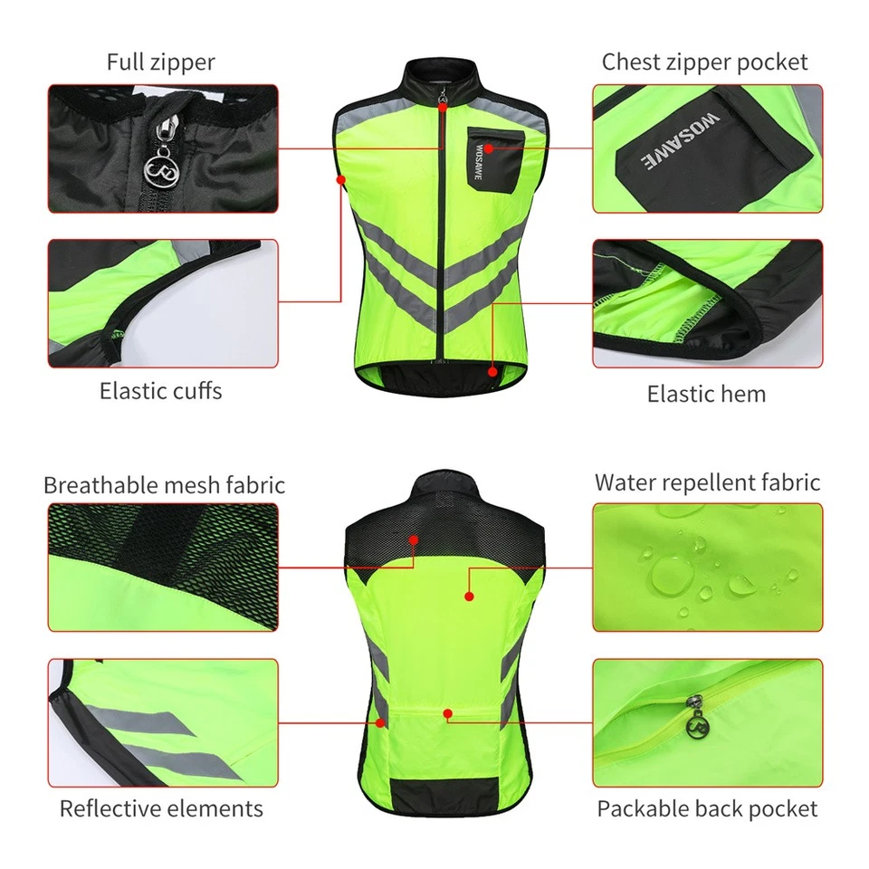 WOSAWE Men Windproof Cycling Jacket Reflective MTB Riding Sports Jersey Vest Top - Image 2 of 4