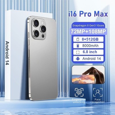 I16 Pro Max Android Smartphone Global Unlocked 6.8'' HD 8+512GB 8000mAh Gifts