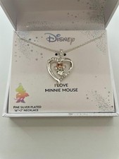 Disney Love I Love Minnie Mouse Heart Necklace Fine Silver Plated Minnie 16"