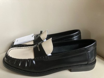 New Mango/MNG TwoTone 100% Leather Academia Classic Penny Loafer, Black/White 38