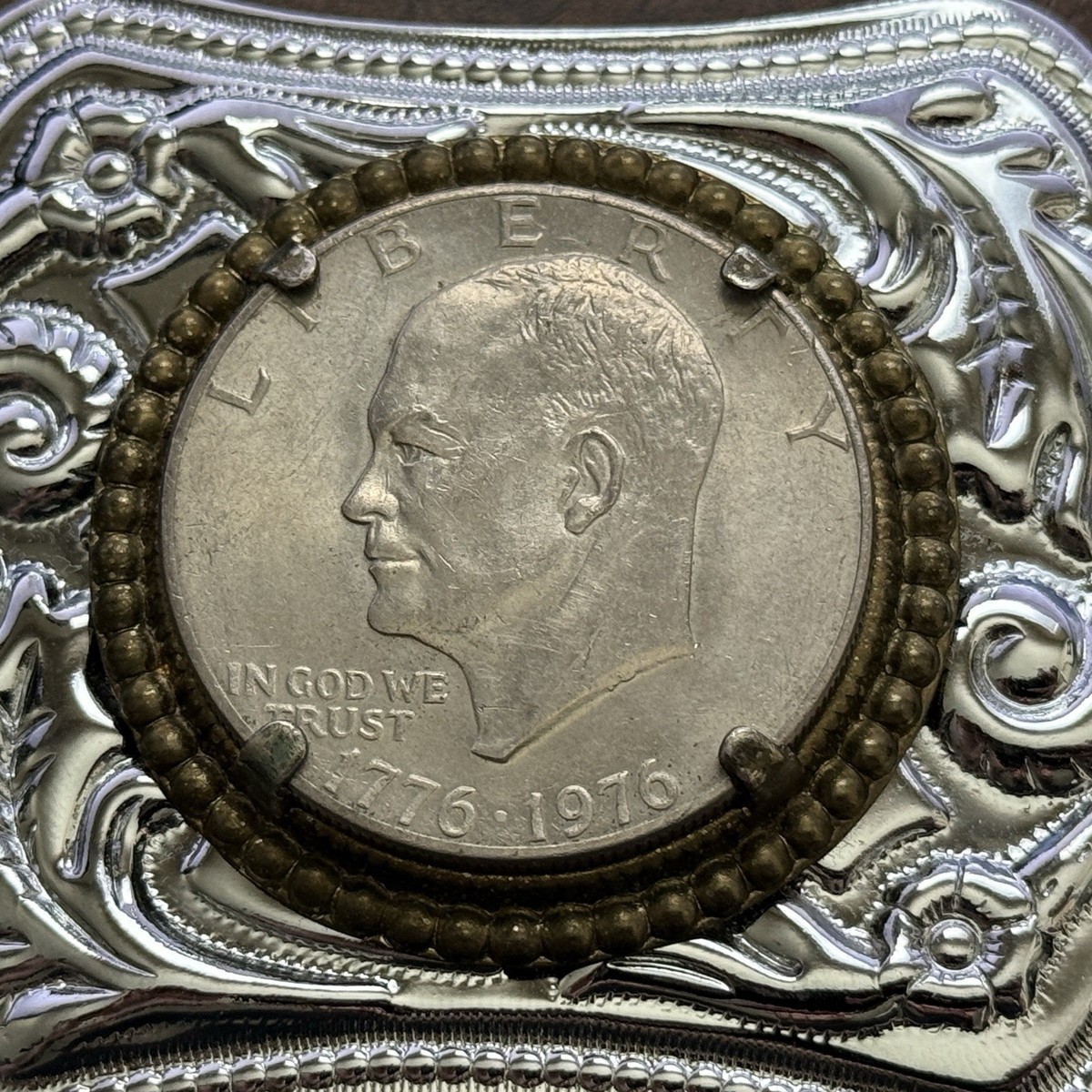 COPY - Vintage silver-tone belt buckle with bicentennial Ike dollar on face Vintage 1976 Bicentennial Eisenhower Ike Silver Dollar Coin  main image 2