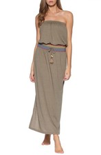 Soluna Strapless Maxi Dress M Boho Smocked Waist Taupe Brown Tassel Summer Beach