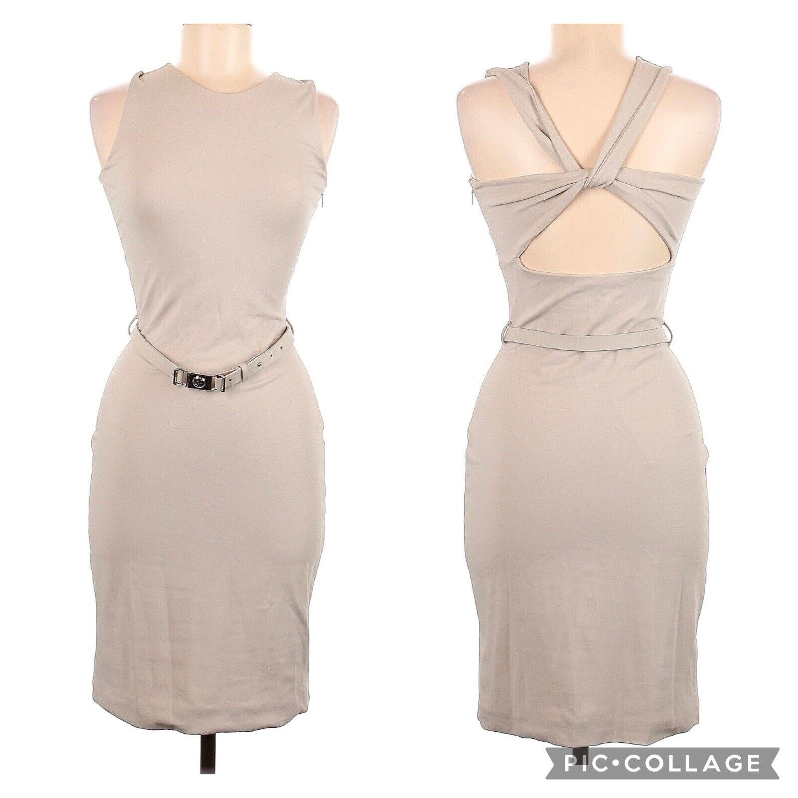 GUCCI Sheath Dress W/Leather Belt Oatmeal Beige Stretchy Wedding Business Size M