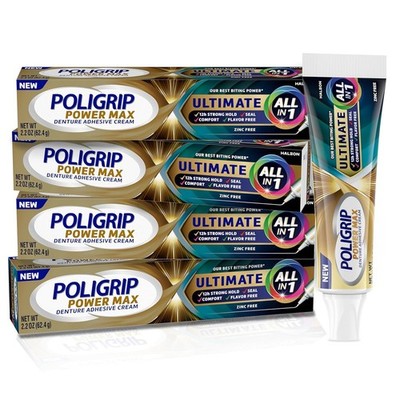 Denture Adhesive Cream Zinc Free Poligrip Power Max Ultimate All-in-1 2.2 oz