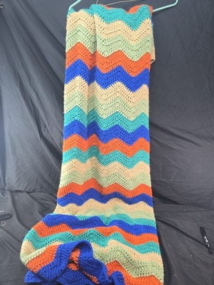 Handmade Afghan Chevron Green, Orange, White, and Mustard Roughly 46x64 