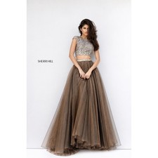 NWT Sherri Hill 50561 Beaded Two Piece Organza Gown Light Brown Size 2