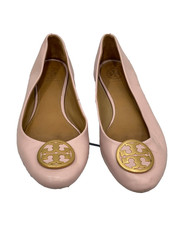 Tory Burch Womens Pink Leather Logo Benton Ballet Flat Shoes Gold Logo Size 8