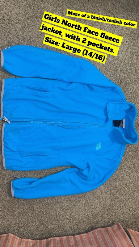 The North Face Girls Fleece Jacket Blue Teal Full Zip 2 Pockets Large (14/16)