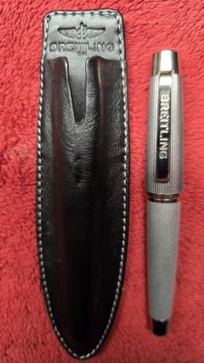 BREITLING Silver Ballpoint Pen Black Ink, Black/Silver leather case