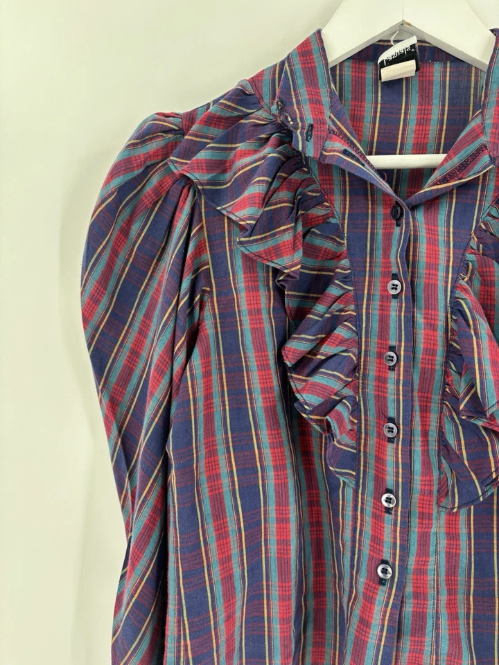 Vintage JT Casuals Button Up Blouse Womens Small Purple Red Long Sleeves Ruffles - Image 3 of 4