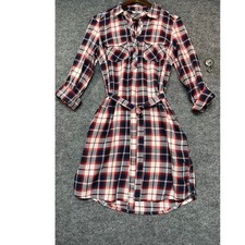 Tommy Hilfiger Denim Plaid Shirt Dress Red White Blue Cotton Belted Mini Small
