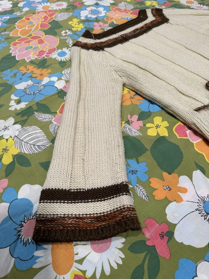 Suéter vintage anos 70 Chego outono creme com acabamento marrom tamanho G - Imagem 3 de 4