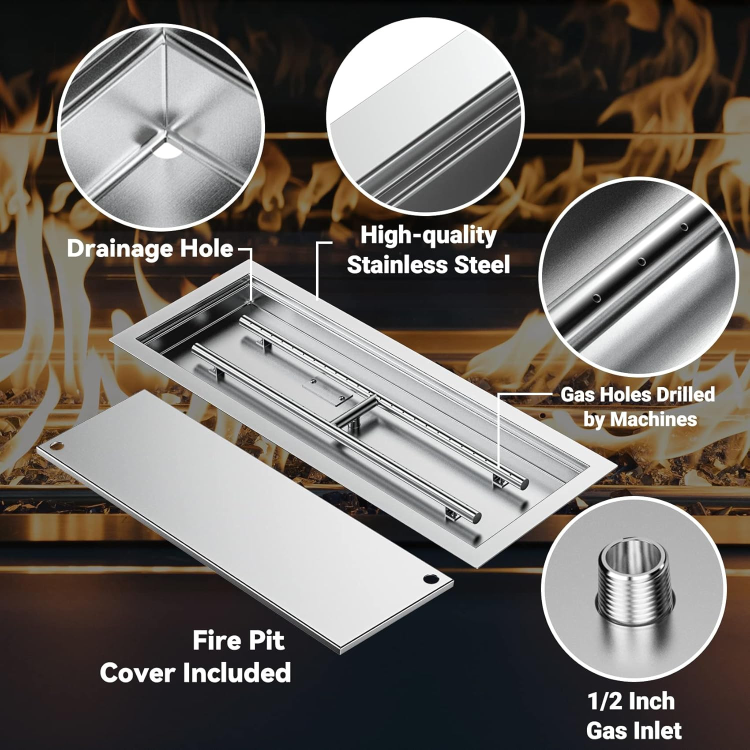 Skyflame Rectangular Stainless Steel Drop-In Fire Pit Pan and Burner with Burner