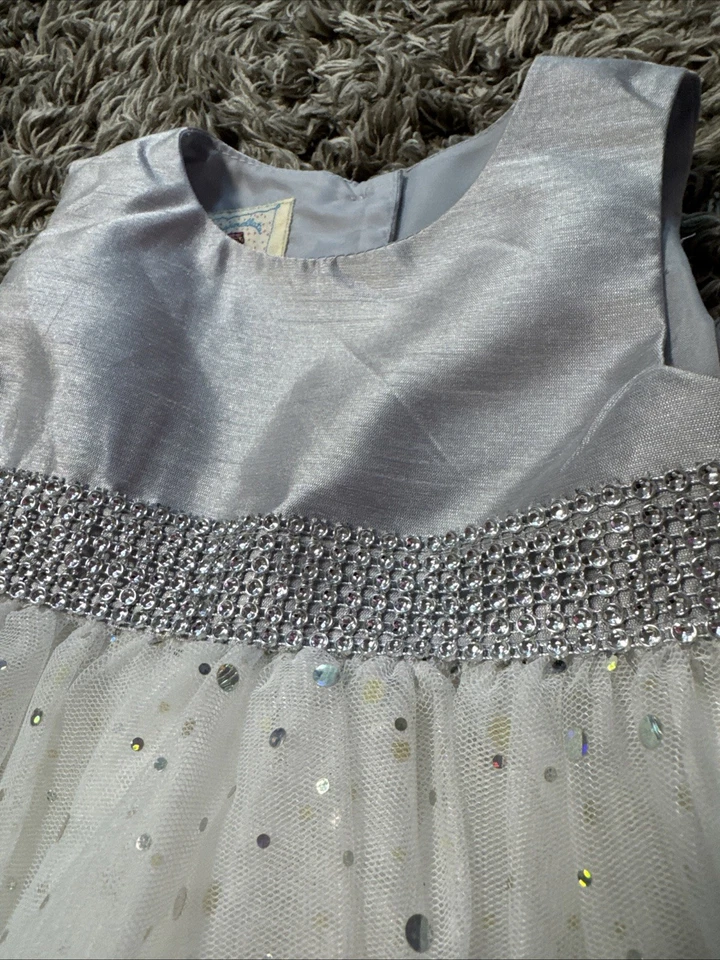 Marmellata Girls White Silver Formal Satin Tutu Dress Gown Sz 12 mo Wedding - Image 3 of 4