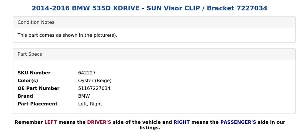 BMW 535D XDRIVE 2014-2016 - Parasol Clip/Soporte 7227034 Foto 4 de 4