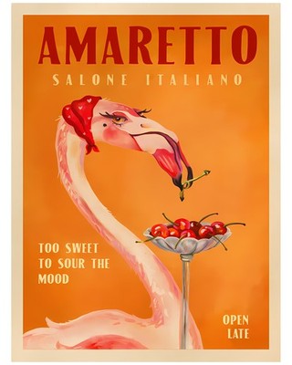 Vintage Amaretto Liqueur Poster Flamingo Cherry Retro Kitchen Bar Art Print