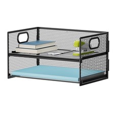 2 Tier Paper Organizer Letter Tray, Mesh File Organizer with Handle, Black