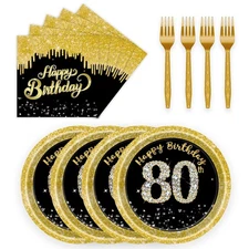 72 Pcs 80Th Birthday Paper Plates and Napkins Party Supplies Back Gold 80Th Bir