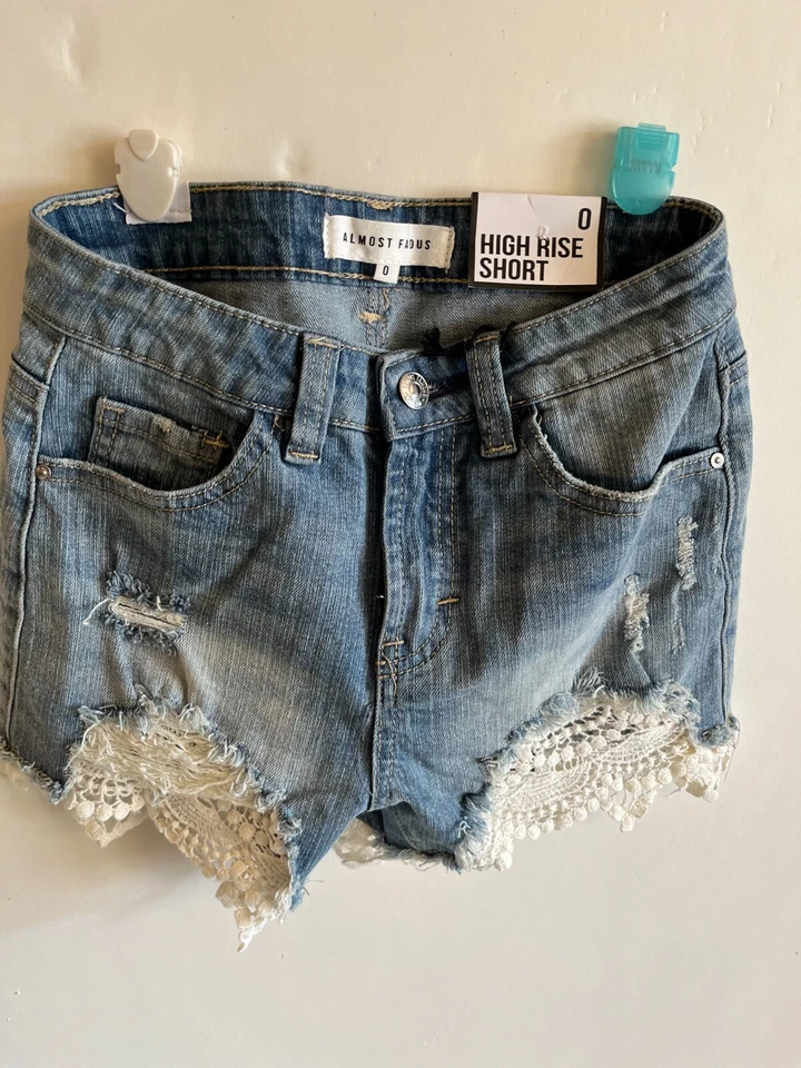 Почти знаменитый высоты синий искусственно состаренный размер O хлопок джинсовой ткани кружева отделки шорты - Изображение 4 из 4