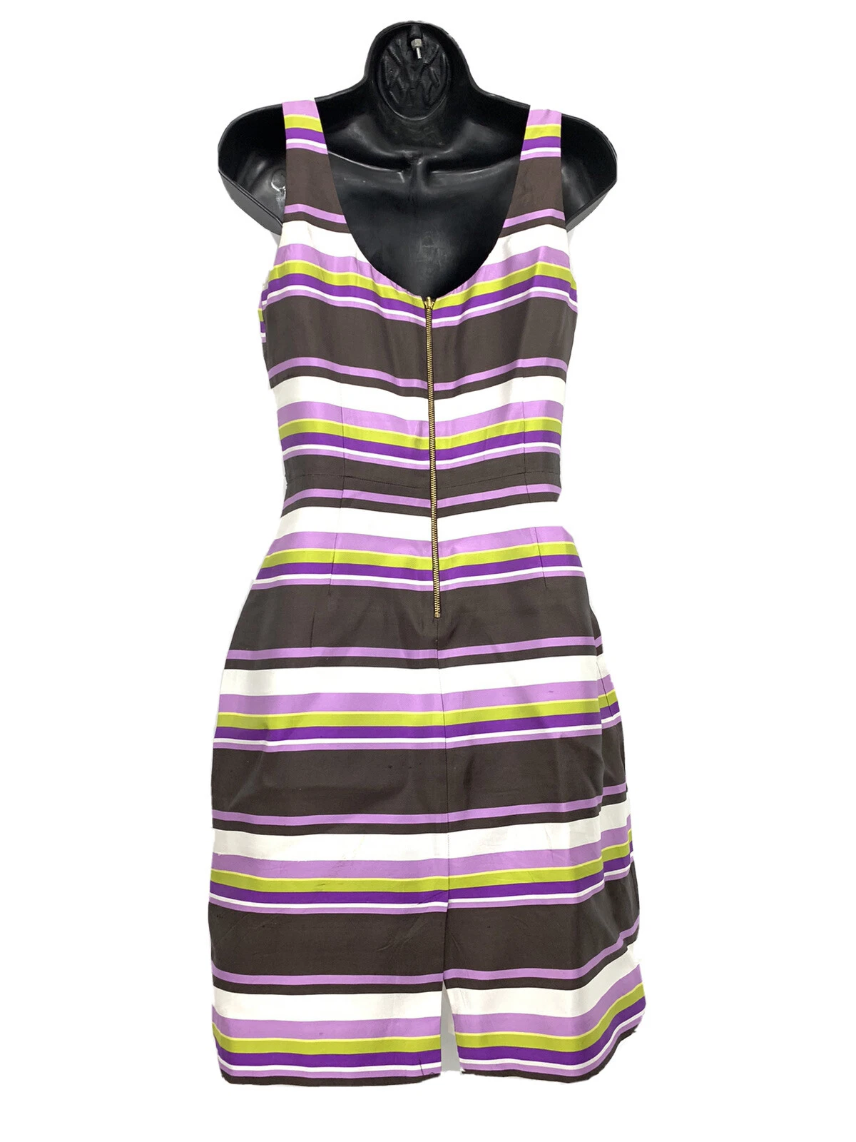 Abito Kate Spade 6 seta MARTIE a righe senza maniche viola marrone foderato tubino