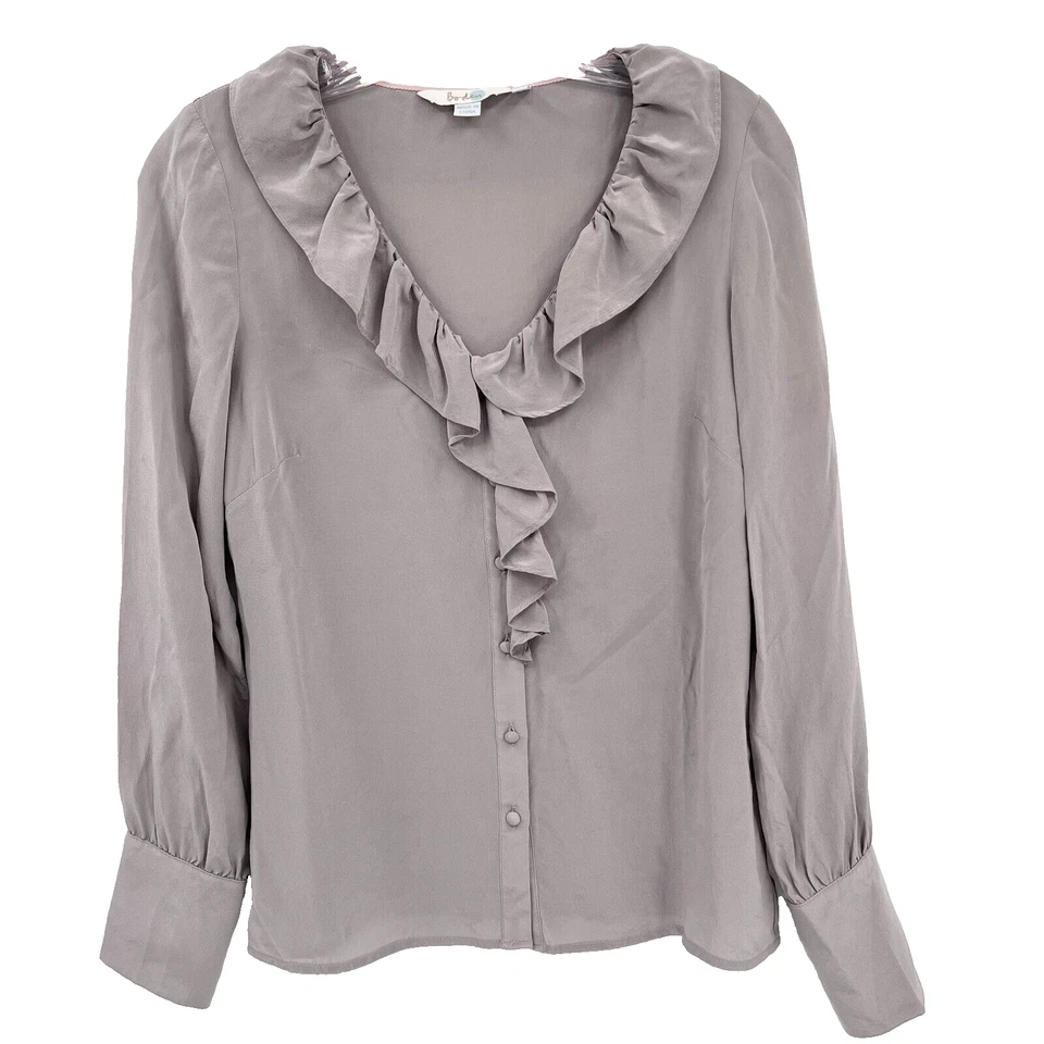 Blusa feminina BODEN tamanho 4 pomba cinza pascale romântica babado seda botões cobertos - Imagem 2 de 4
