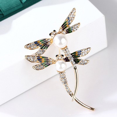 Moda donna cristallo perla animale libellula gioielli smalto spilla pin cu$g _r1