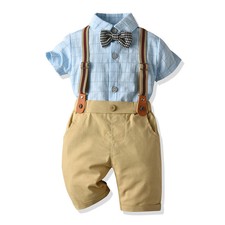 Summer Boys Handsome Thin Short Sleeve Plaid Shirt Bow Tie Bib Three Piece Set