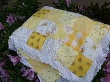  Handmade baby quilt used not perfect   Yellow squares / beige eyelet ruffle