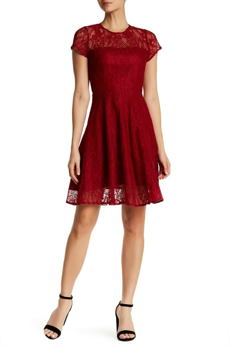 bb dakota red lace dress BB DAKOTA ABERLYNN CAP SLEEVE LACE FIT & FLARE RED DRESS sz 6