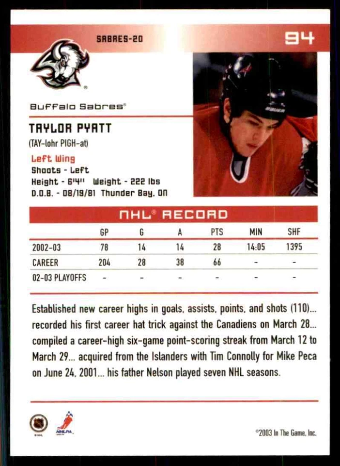 2003-04 In The Game Action Taylor Pyatt #94 - Image 2 of 2