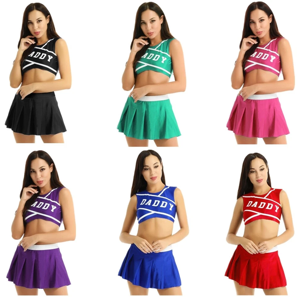 Mujer Cheer Leader Disfraz Uniforme Papá Estampado Top Corto con Mini Falda Plisada Foto 2 de 4